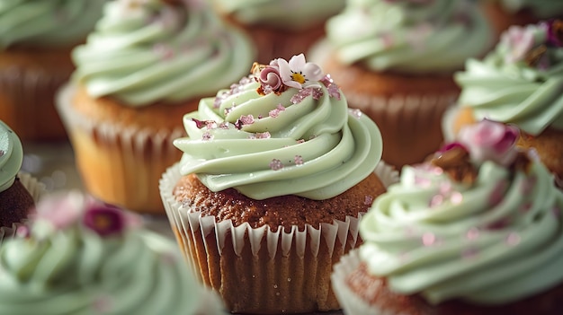 Colorful Blossoms Sage Green Cupcake Decoration with Edible Flowers