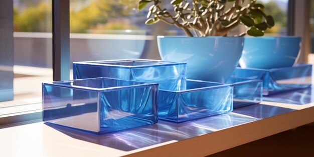 Colorful Blue Boxes Arranged Neatly On Kitchen Countertop In Sunlight