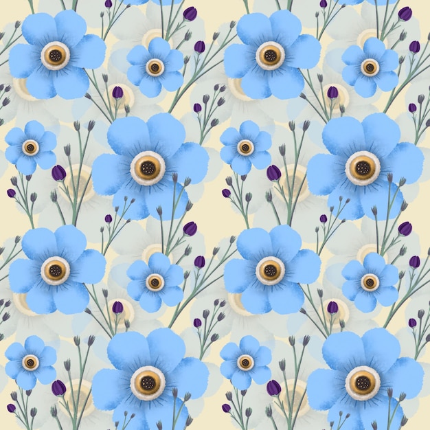 Colorful blue daisy flowers seamless pattern hand drawn botanic wallpaper colorful background