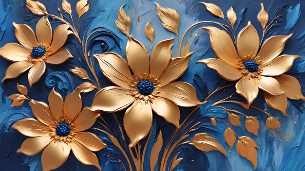 colorful blue and gold flowers painted with oil paints bright floral background