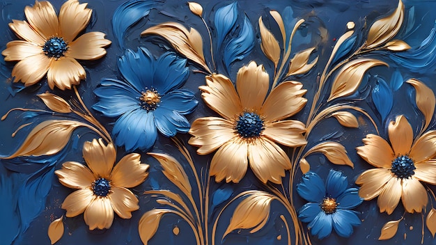 colorful blue and gold flowers painted with oil paints bright floral background