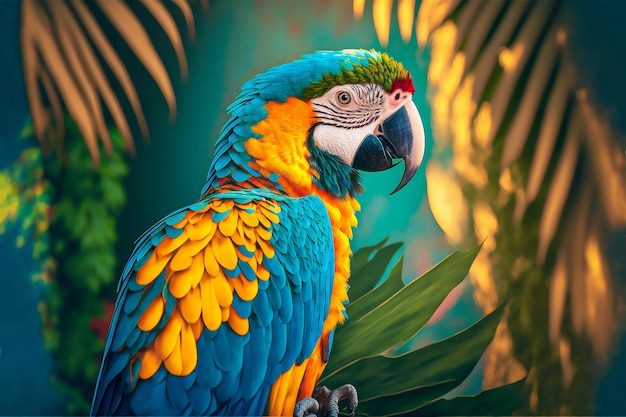 colorful blue orange and yellow macaw on tree branch