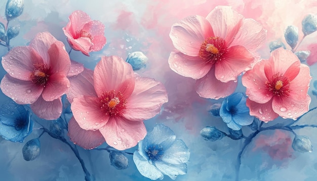 Colorful Blue And Pink Flower Watercolor Pattern Background Wallpaper Valentines Day Banner