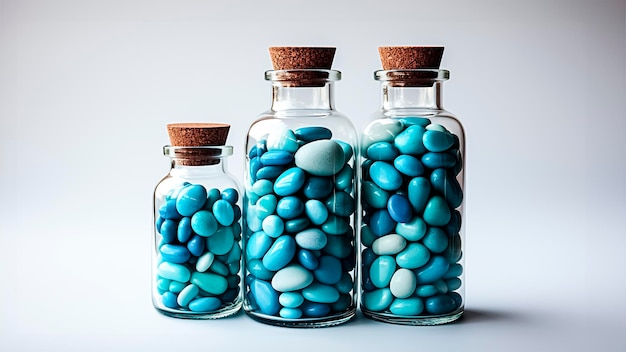 Colorful blue stones in glass bottles on a white background