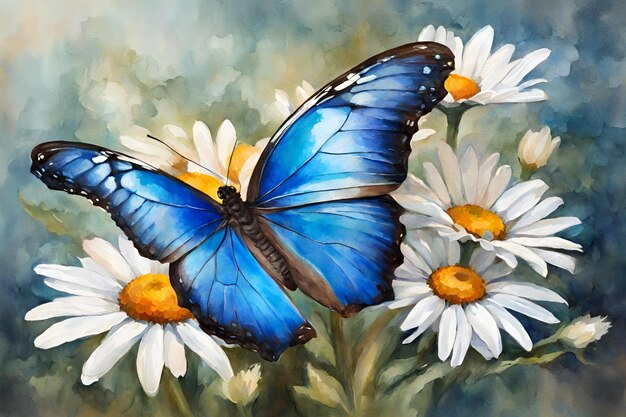 colorful blue tropical morpho butterfly on delicate daisy flowers painted