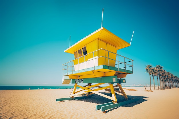 Colorful blue and yellow lifeguard station on beach with palm trees and blue sky copy space