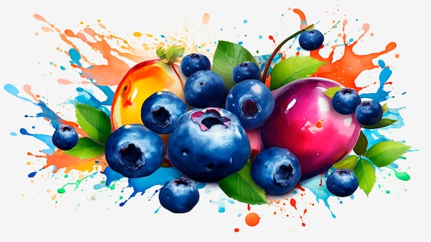 Colorful blueberries fruit splash art created with Generative AI