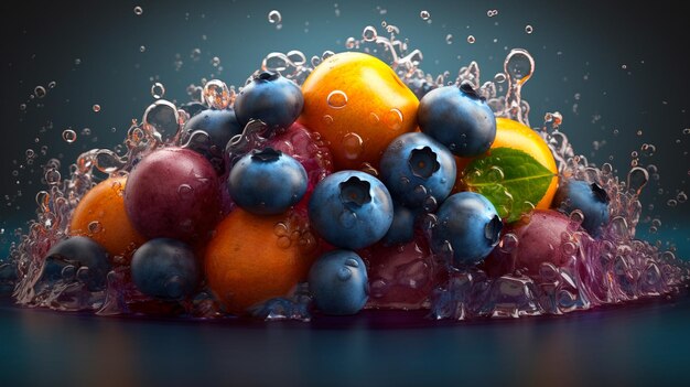 Colorful blueberries fruit splash art created with Generative AI