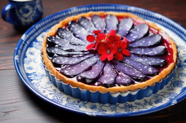 Photo colorful blueberry tart on blue ceramic dish