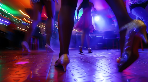 Foto movimento sfocato colorato di persone che ballano in un club con un pavimento lucido