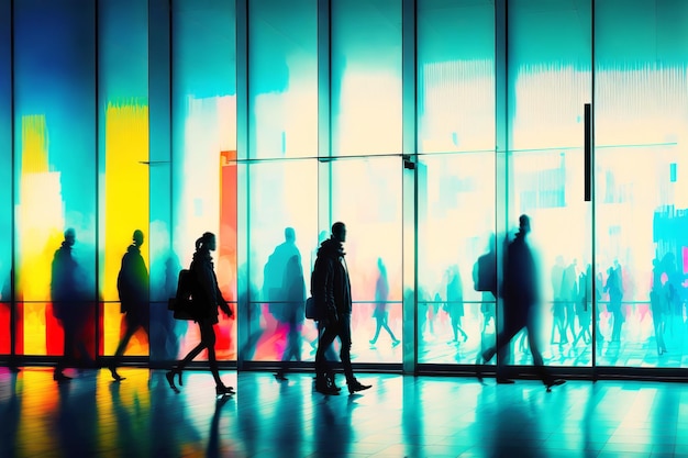 Colorful Blurred shopping mall background with silhouettes of hurrying people Generative AI illustration