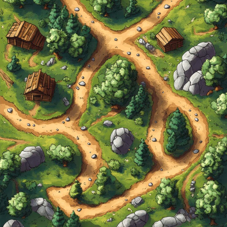 Colorful Board Game Map Featuring Winding Paths Through a Lush Forest Landscape With Rustic Cabins and Rocky Terrain