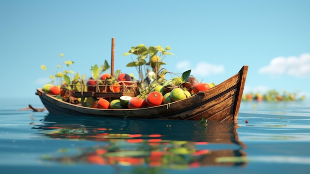Colorful Boat Decorated With Fresh Fruit on Water