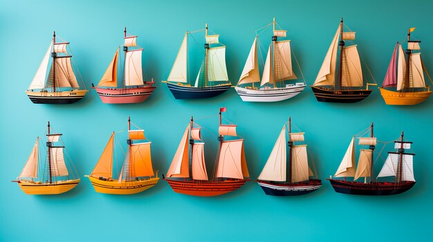 Photo colorful boats on blue background