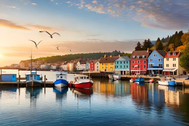 Colorful boats in the harbor at sunset