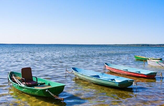 Colorful boats in summer, Naroch. Belarus