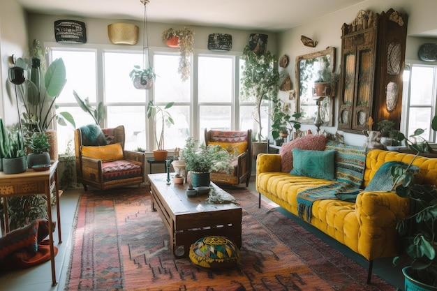 Colorful bohemian home with eclectic mix of patterns textures and shapes