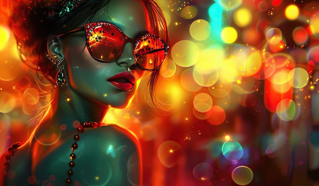 Colorful bokeh portrait of a stylish young woman wearing sunglasses