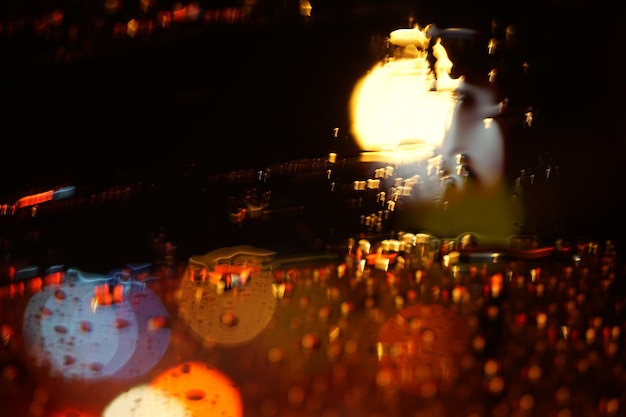 Colorful bokeh of vehicle headlights on glass on rainy day at night.