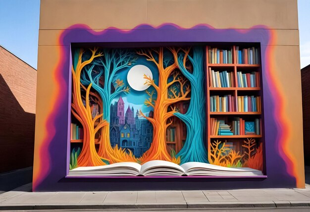 a colorful book is displayed on a building