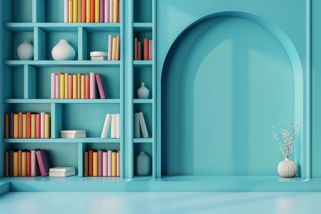 Foto una libreria colorata con un arco e uno scaffale rosa e blu