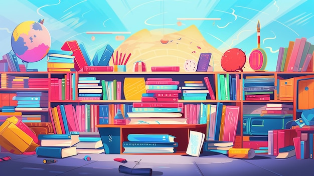 Colorful books on shelf and banners bright illustration