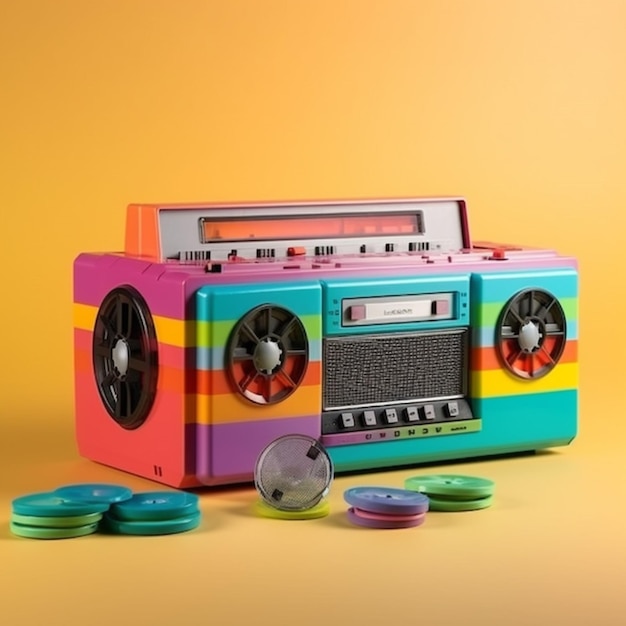 A colorful boombox with a cd player on top of it.