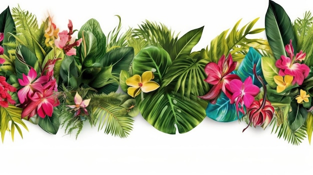 A colorful border of tropical flowers.