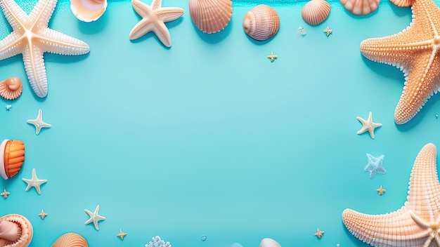 Photo a colorful border with shells and starfish on a blue background.