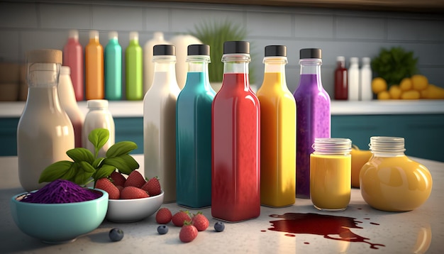 A colorful bottle of different colored juices on a counter.