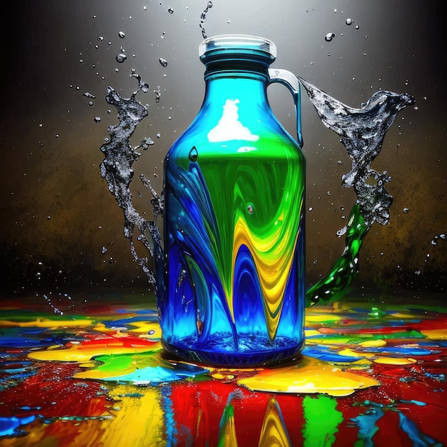 A colorful bottle with a blue and green liquid in it.