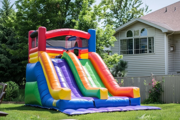 Photo colorful bounce slide for children entertainment in backyard