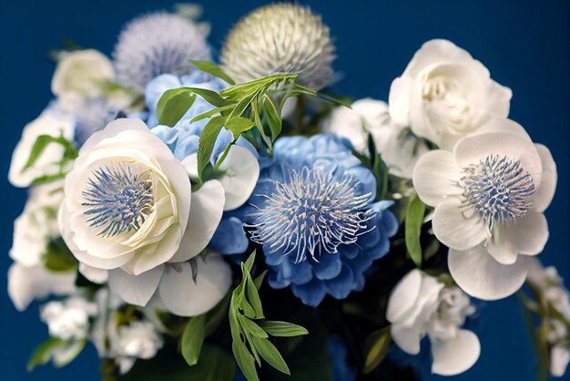 Colorful bouquet Classic blue white roses thistle flowers and greenery