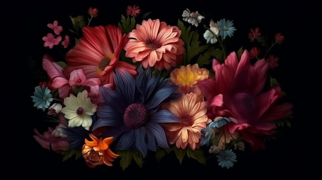 Colorful bouquet of daisies and gerberas on a black backgroundgenerative ai