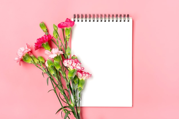 Colorful bouquet of different pink carnation flowers, white notebook on pink background