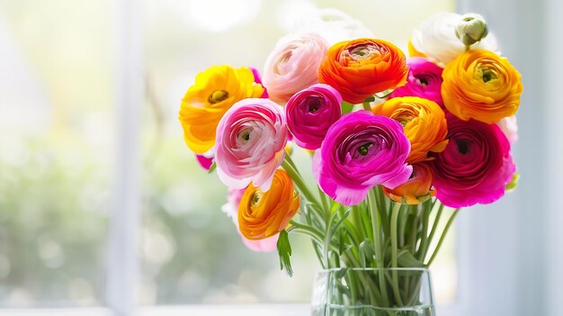 Photo a colorful bouquet of different ranunculus flowers in glass vase on the white kitche generative ai