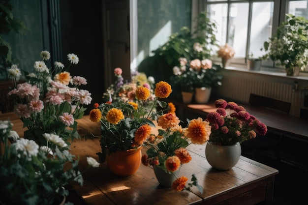 Colorful bouquet of flowers arranged in a vase on a table Generative AI