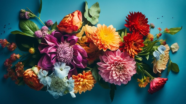 A colorful bouquet of flowers on a blue background