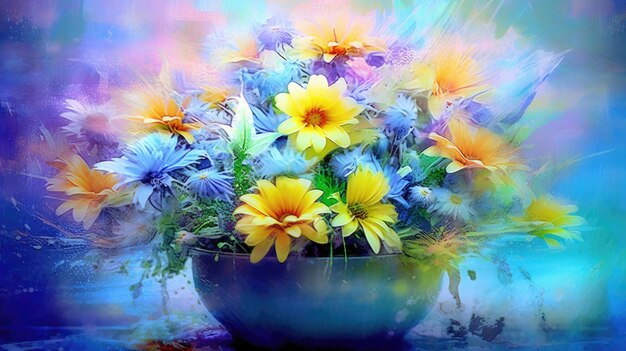 A colorful bouquet of flowers in a blue bowl