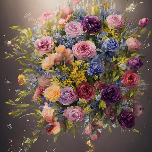 A colorful bouquet of flowers is in the air.