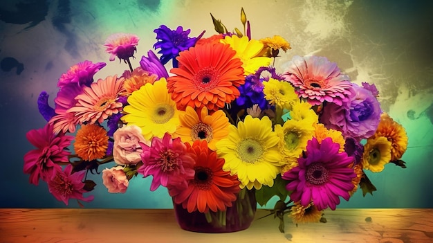 A colorful bouquet of flowers is displayed on a table.