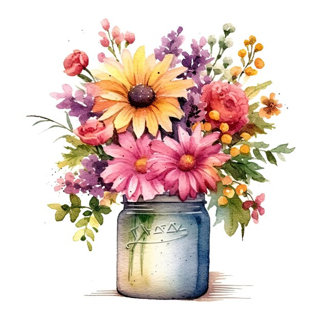 A colorful bouquet of flowers is in a jar.