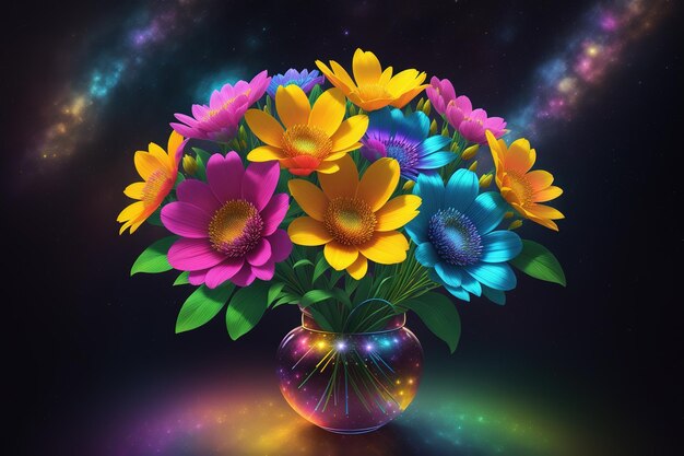 A colorful bouquet of flowers is in a vase with a rainbow on the bottom.