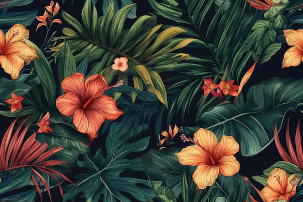 Colorful bouquet of flowers and leaves on a black background created with Generative AI technology