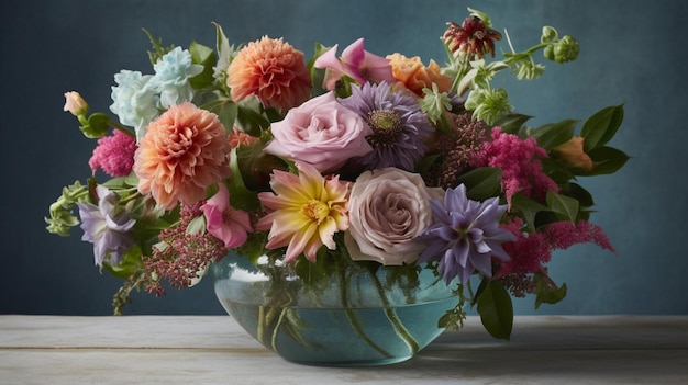 A colorful bouquet of flowers sits on a table.