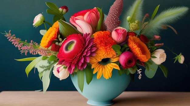 Foto colorato bouquet di fiori in un vaso sul tavolo