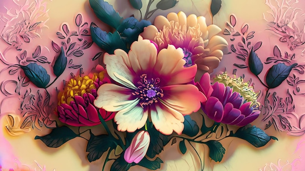 A colorful bouquet of flowers with a purple and pink background.