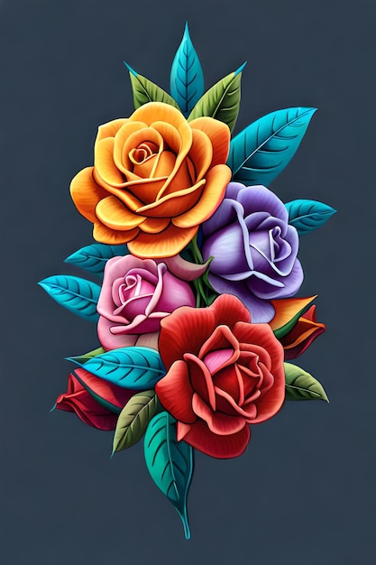 A colorful bouquet of roses with leaves on a dark background.