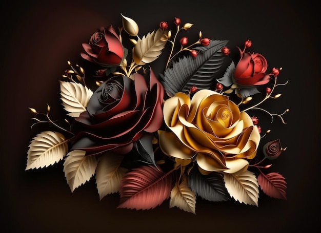A colorful bouquet of roses with red berries on a black background.