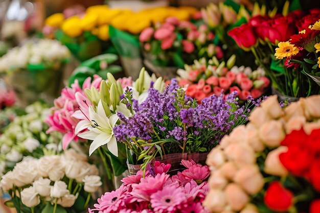 Colorful bouquets of flowers in flower shop